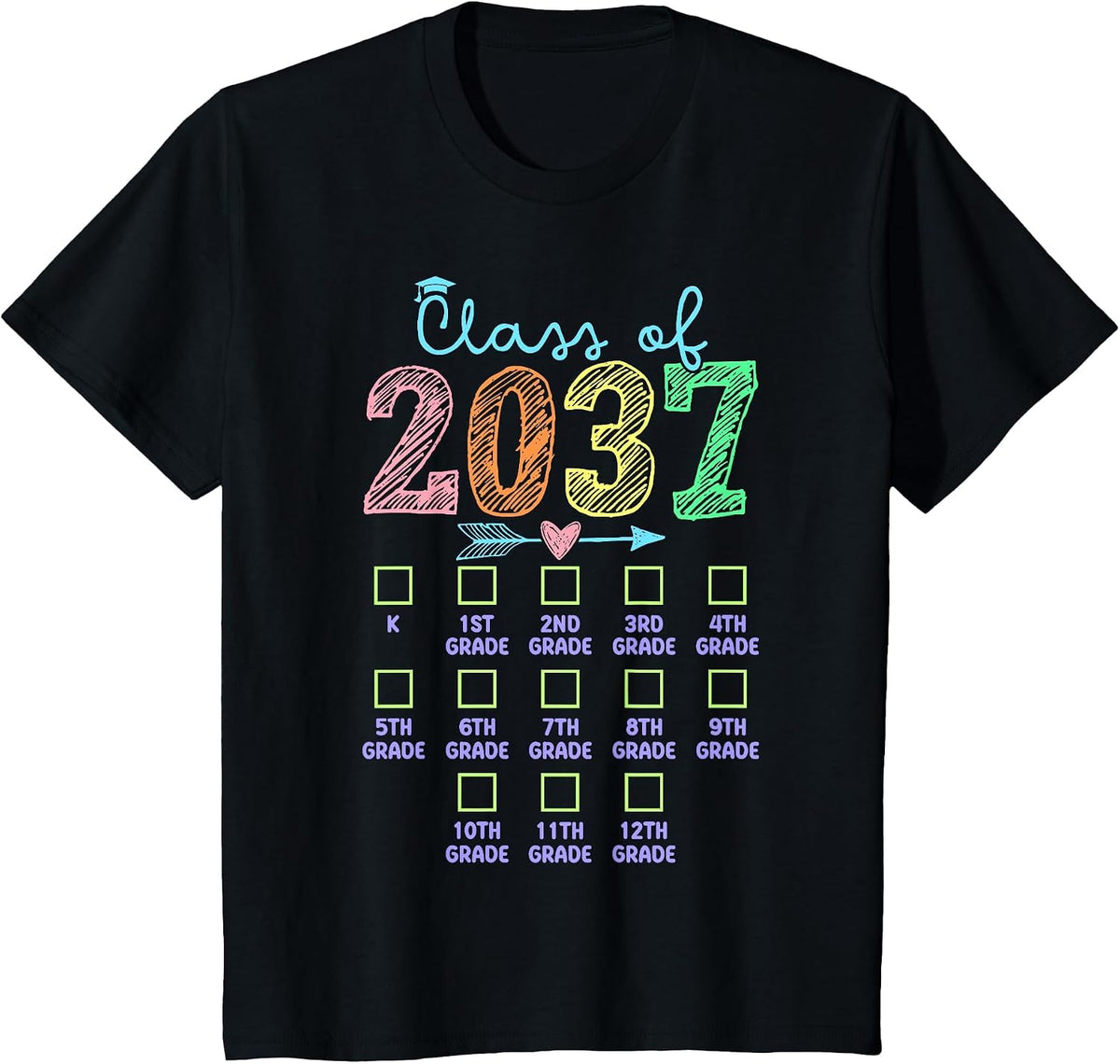 Class of 2037 Grow with Me Handprint Checklist K-12th Grade T-Shirt - Black