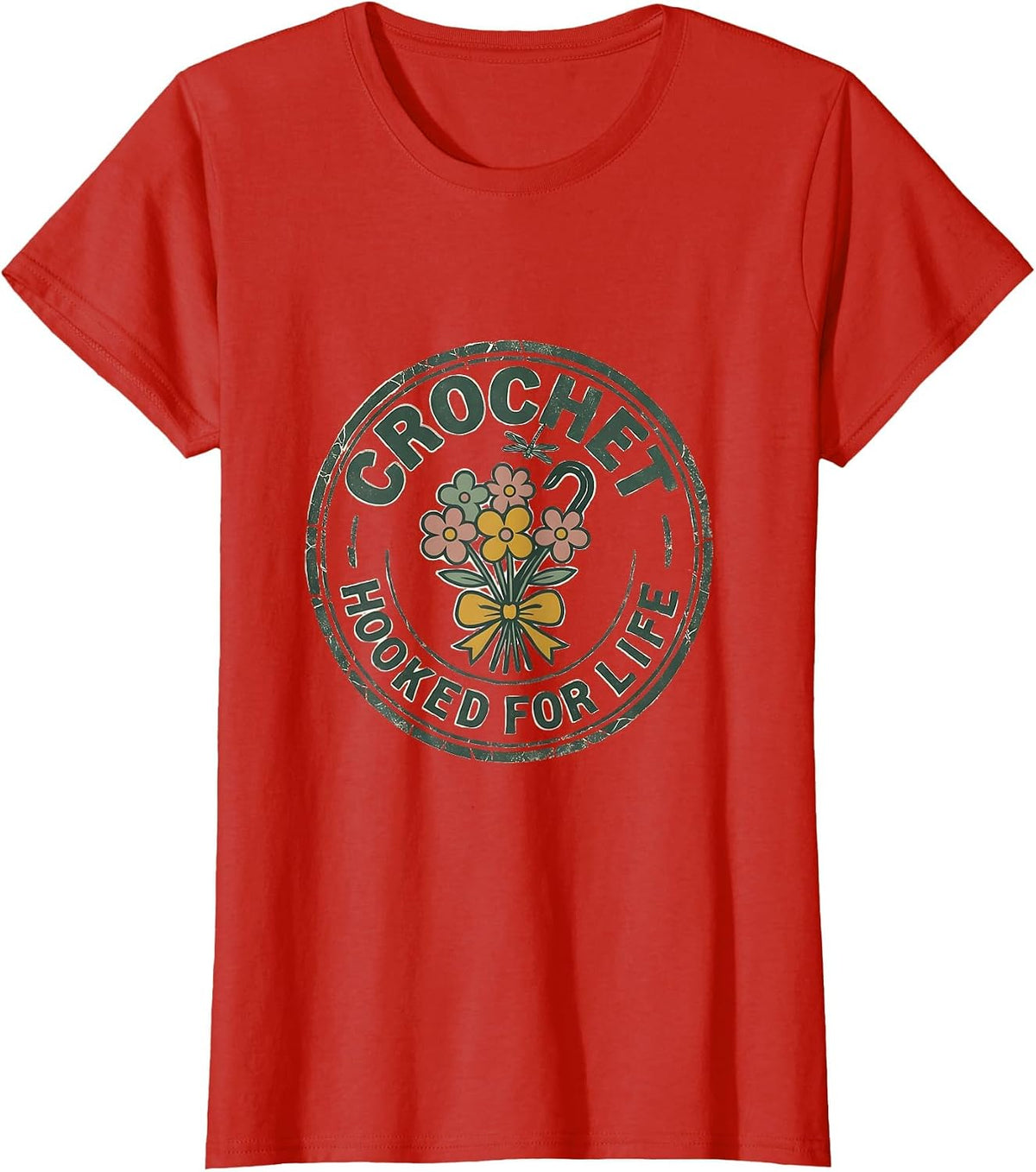 Crochet Hooked For Life Floral Boho Design T-Shirt - Red
