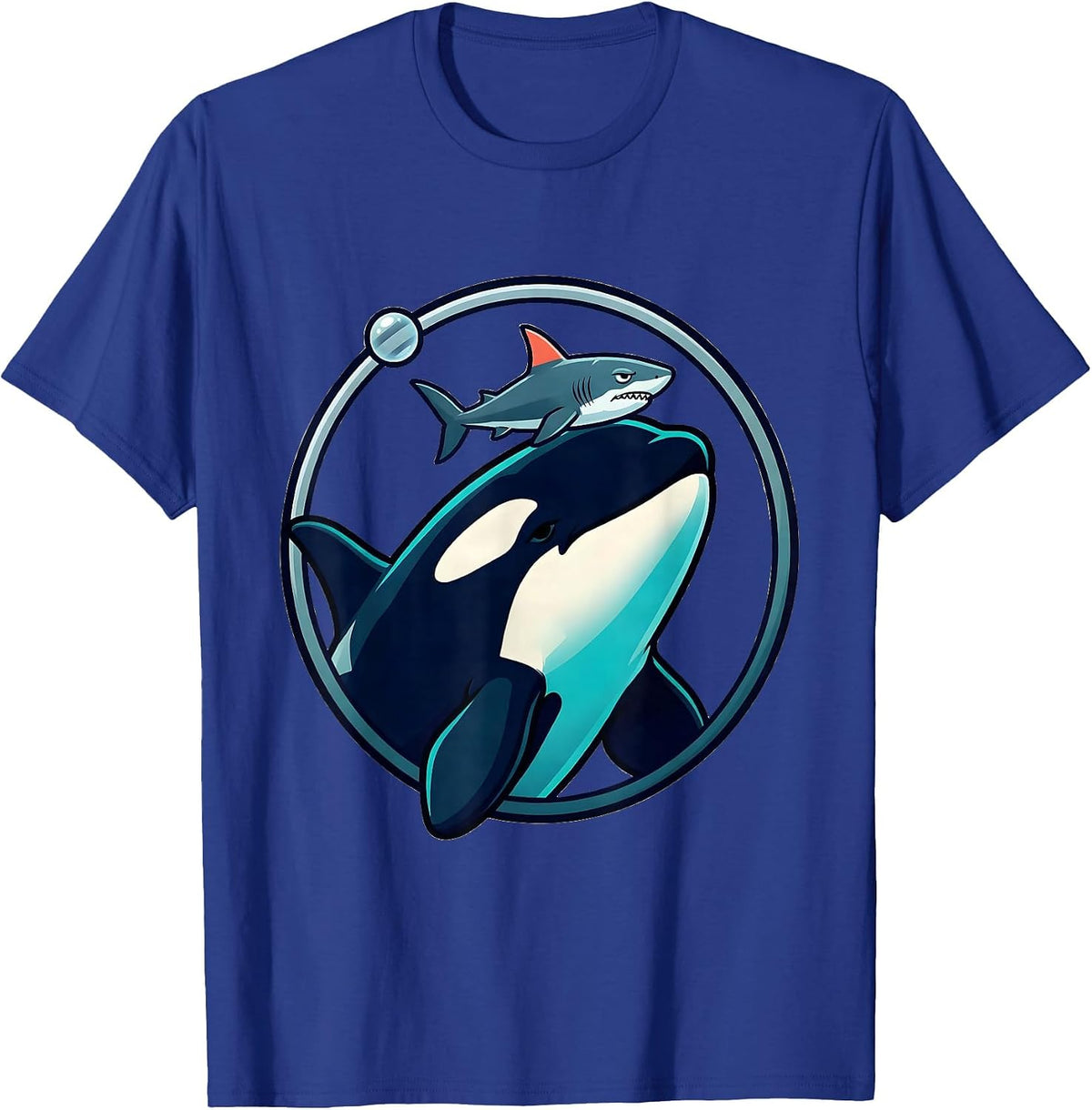 Men's Orca Balancing Shark Cartoon Ocean Animal Humor T-Shirt - Royal Blue