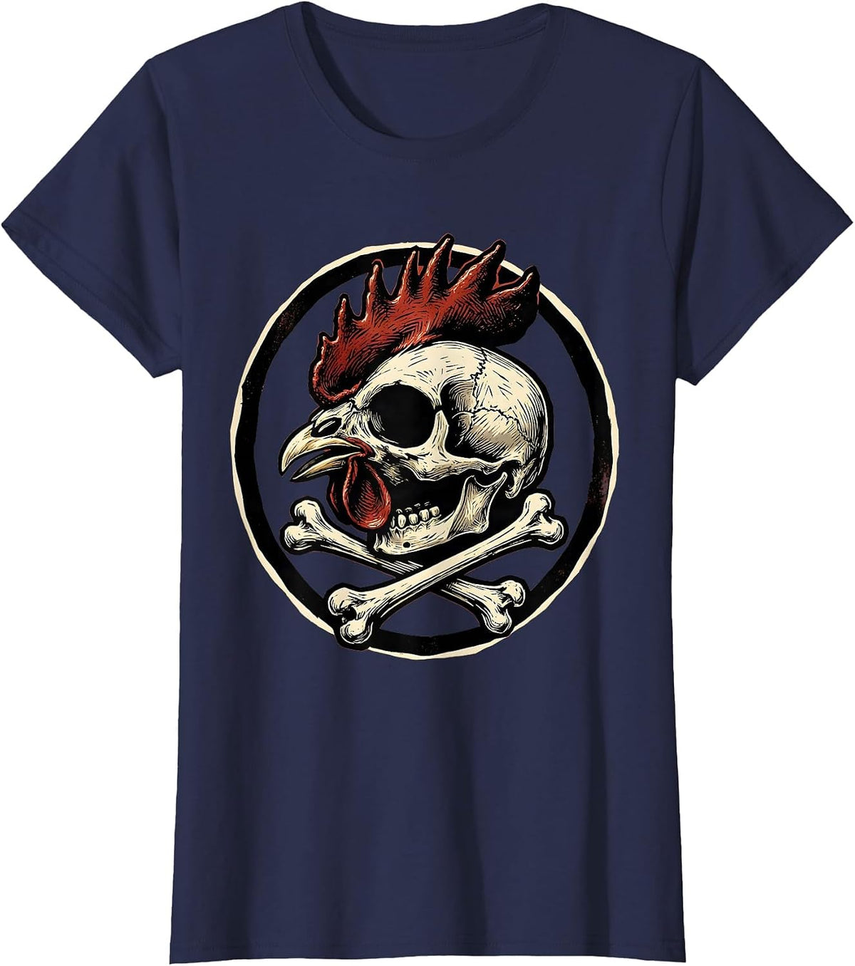 Women's Rooster Skull Crossed Drumsticks Dark Art Design T-Shirt - Navy Blue
