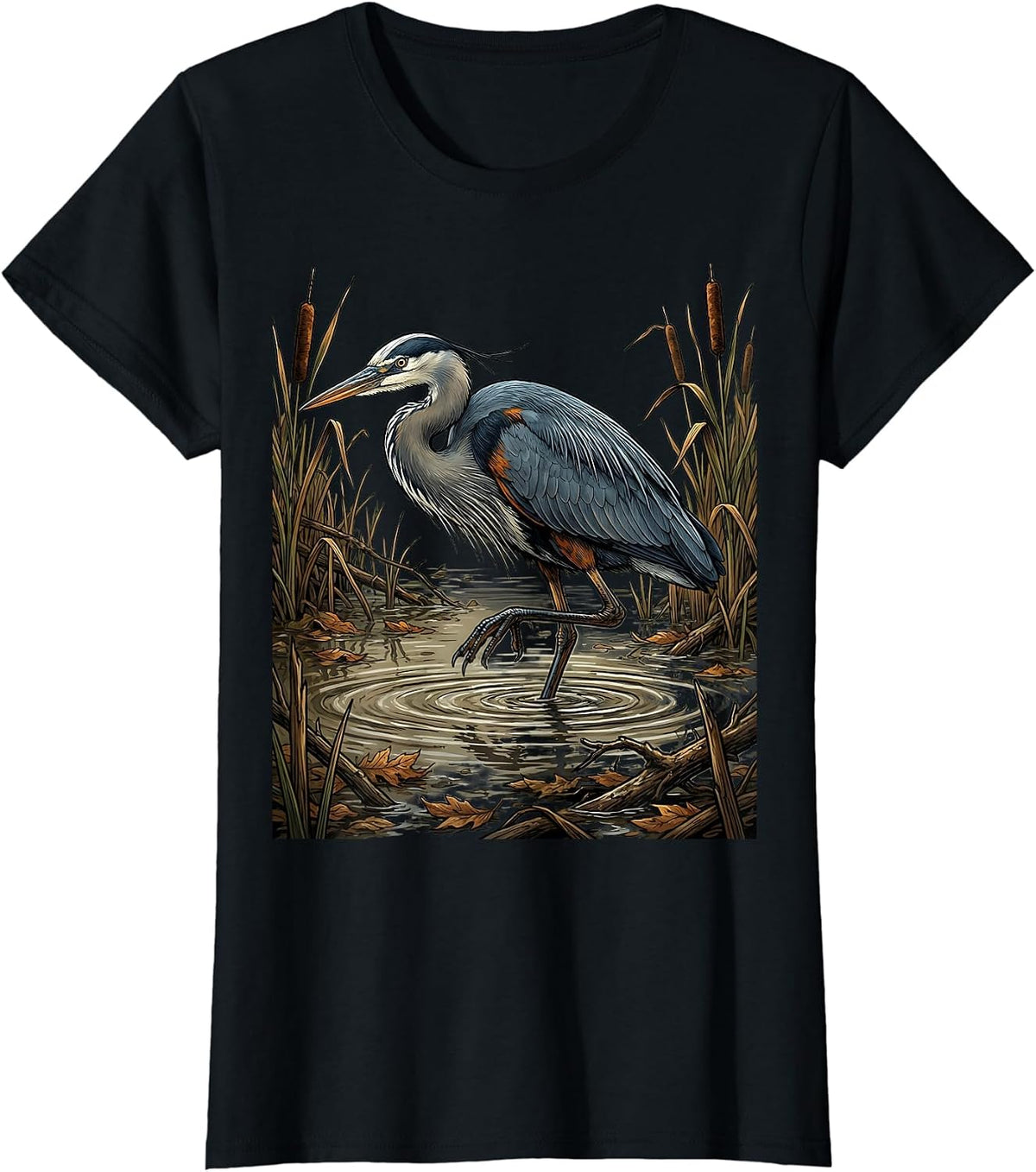 Great Blue Heron Bottomland Camo Hunting Design T-Shirt - Black