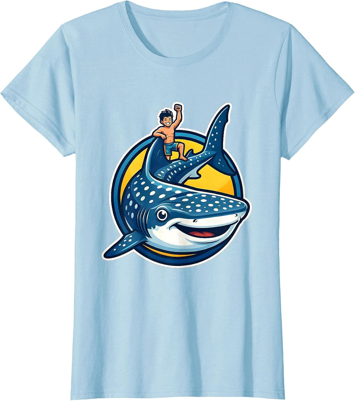 Women's Polka Dot Whale Shark Boy Riding Fin T-Shirt - Baby Blue