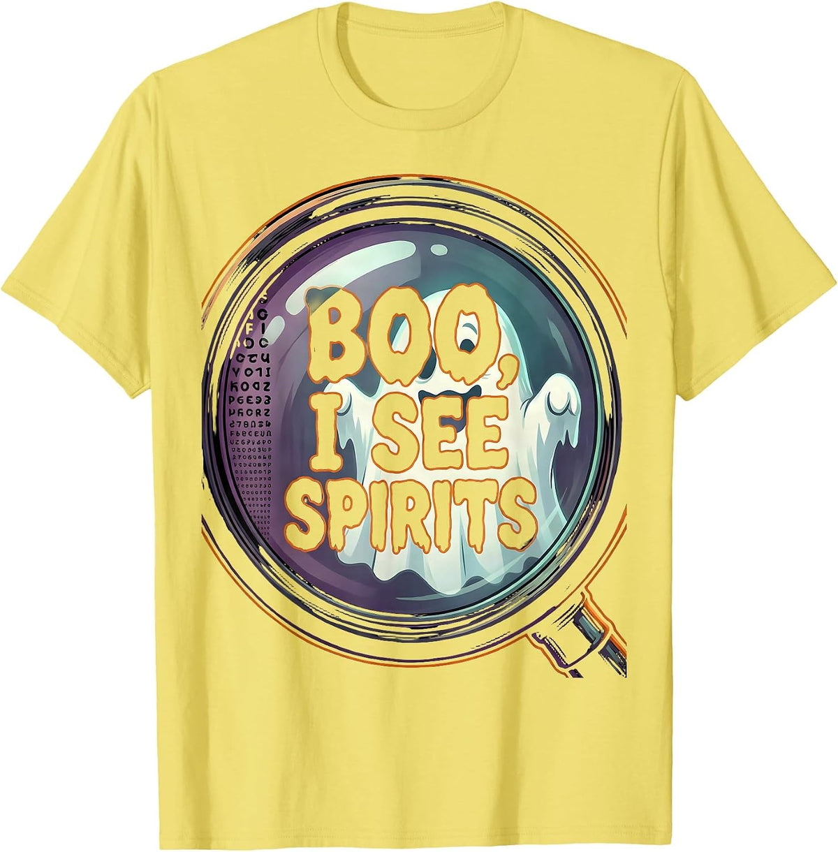 Men's Boo I See Spirits Cartoon Ghost Optometrist Halloween Eye T-Shirt - Lemon Yellow