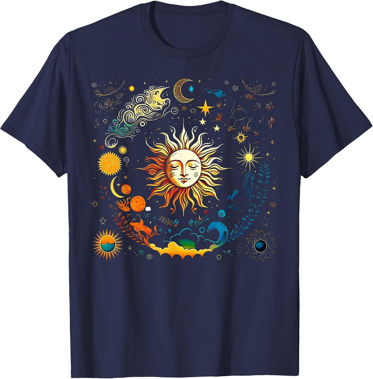 Celestial Sun & Elements Stars Boho Luna Solar Astronomy T-Shirt - Navy Blue