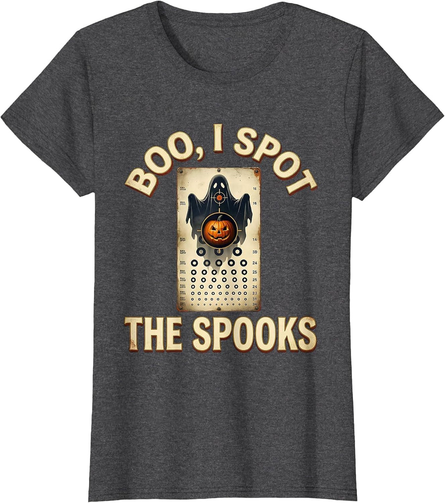 Women's Boo I Spot The Spooks Vintage Halloween Optometrist Eye T-Shirt - Dark Heather Grey