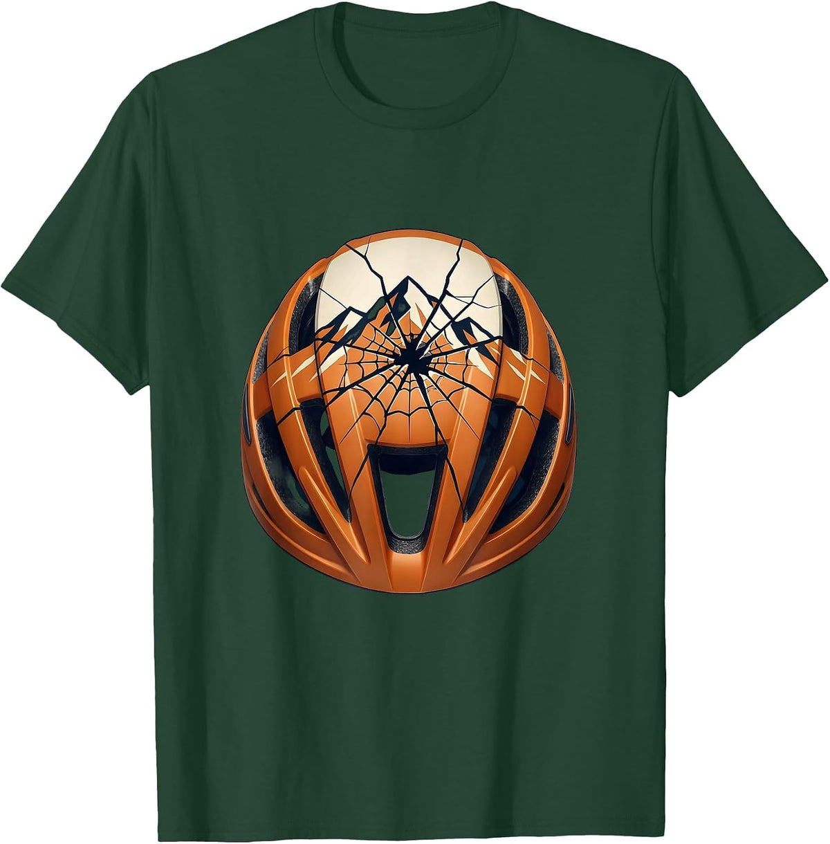MTB Broken Helmet Spider Web Crack Design T-Shirt - Dark Green