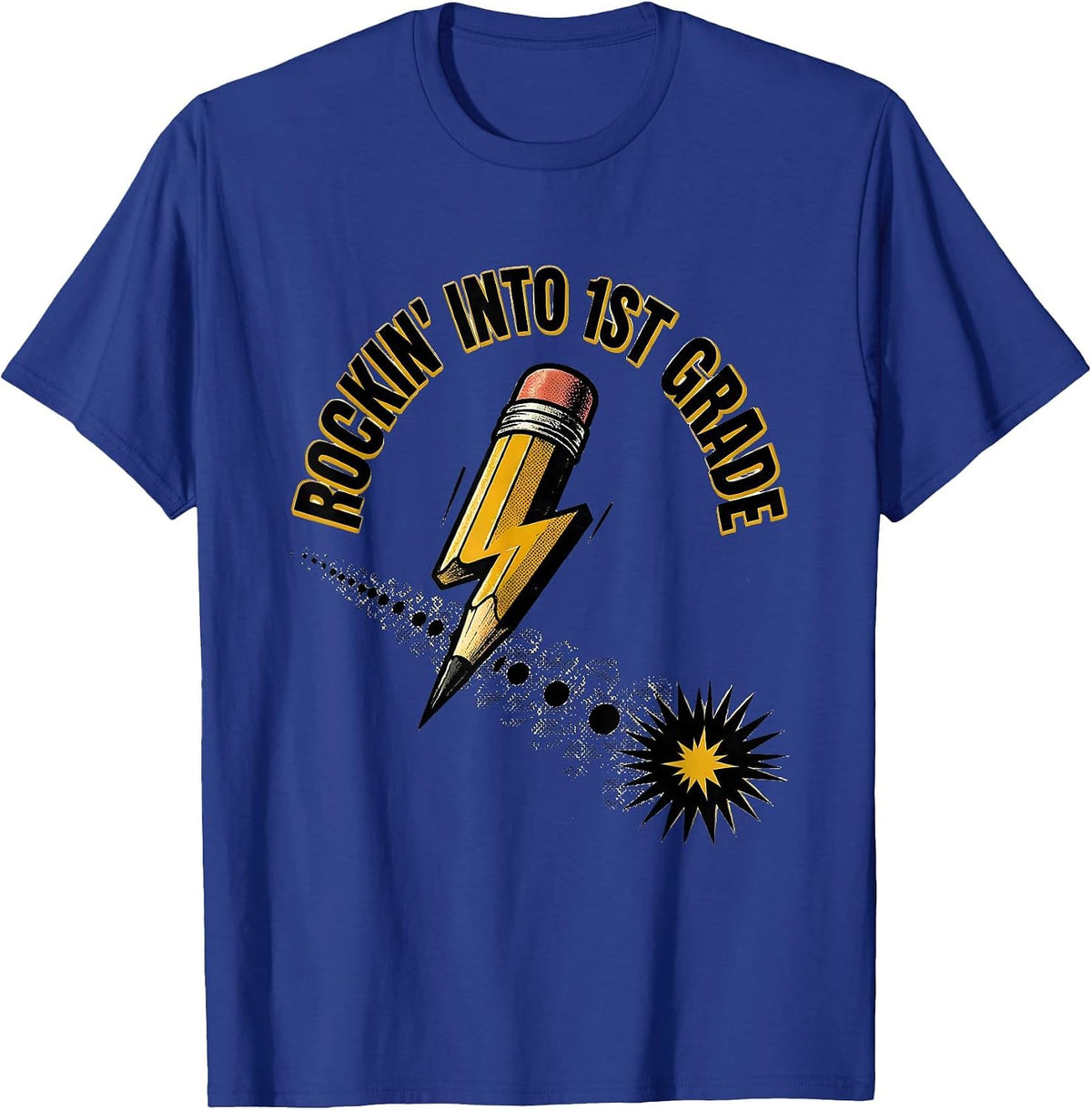 Rockin Into 1st Grade Playful Pencil Rock Music Parody Back T-Shirt - Royal Blue