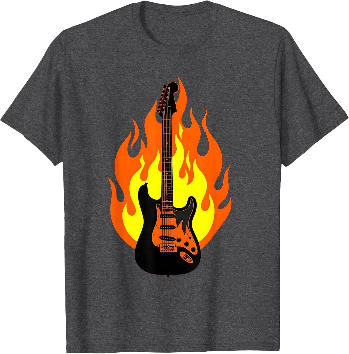 Men's Flaming Electric Guitar Classic Rock Illustration T-Shirt - Dark Heather Grey