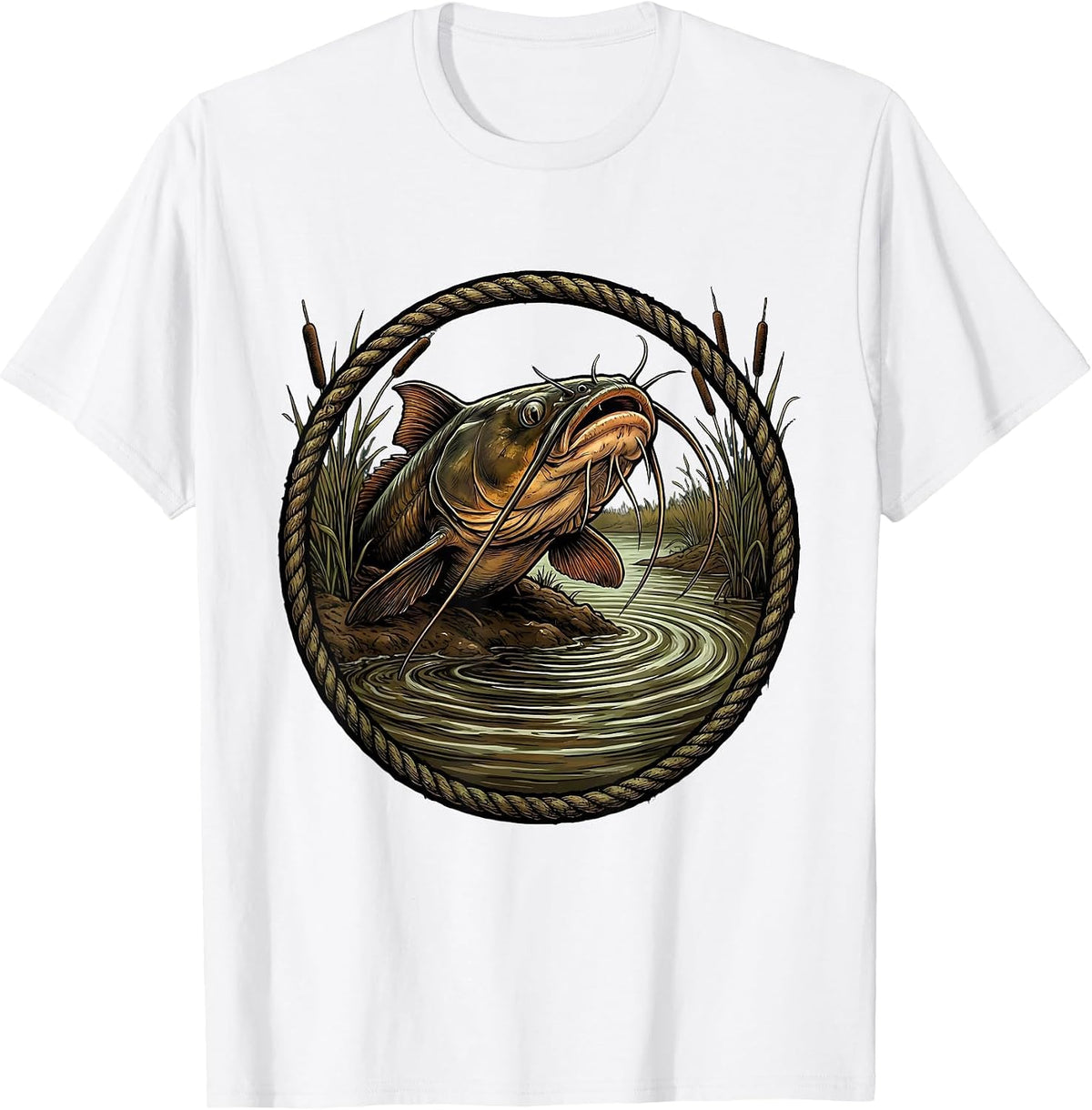Men's Catfish Whiskers Muddy Riverbank Fishing Graphic T-Shirt - White