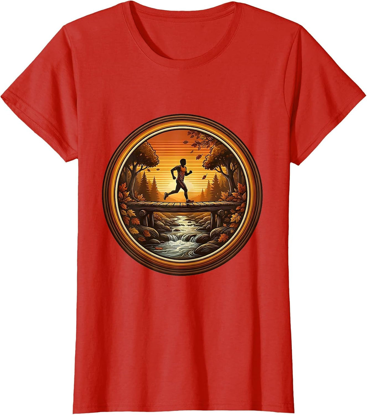 Women's Cozy Jogger Wooden Bridge Creek Fall Athleisure T-Shirt - Red