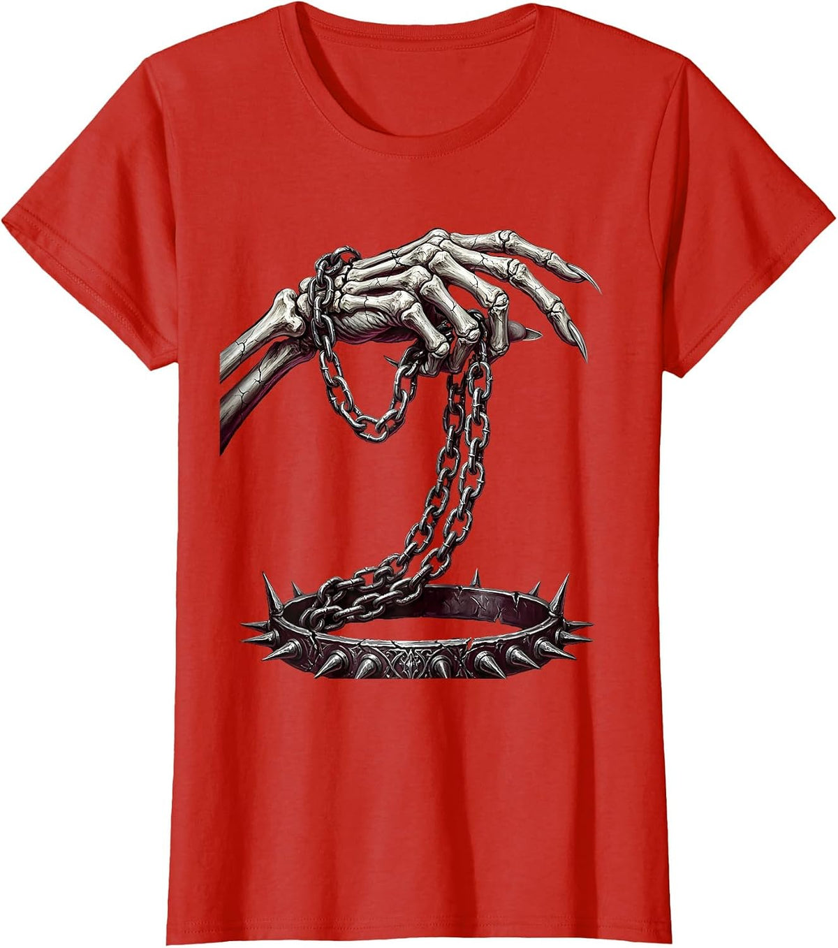 Skeletal Hand Chain Leash Punk Rock Graphic T-Shirt - Red