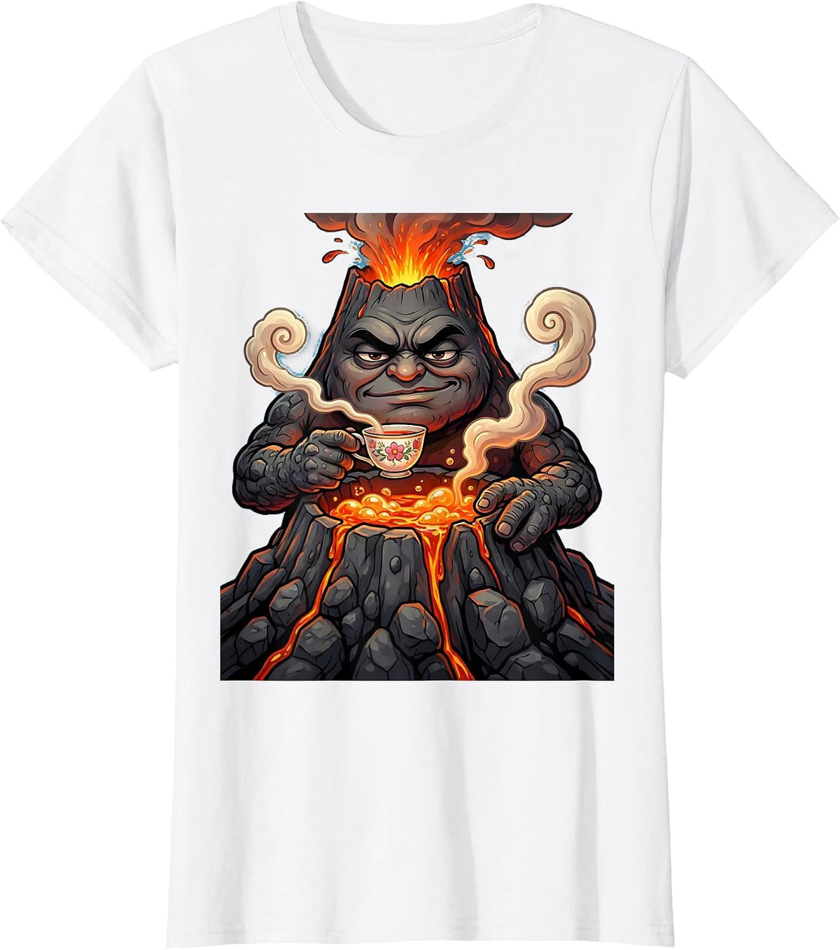 Volcano Tea Time Funny Chill Volcanic Illustration T-Shirt - White
