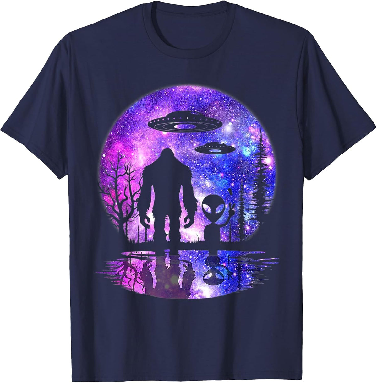 Alien and Bigfoot Full Moon Sasquatch UFO T-Shirt - Navy Blue