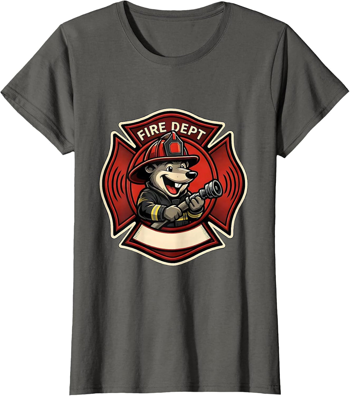 Women's Fire Dept Cheerful Mole Firefighter Mascot Logo Humor T-Shirt - Asphalt Grey