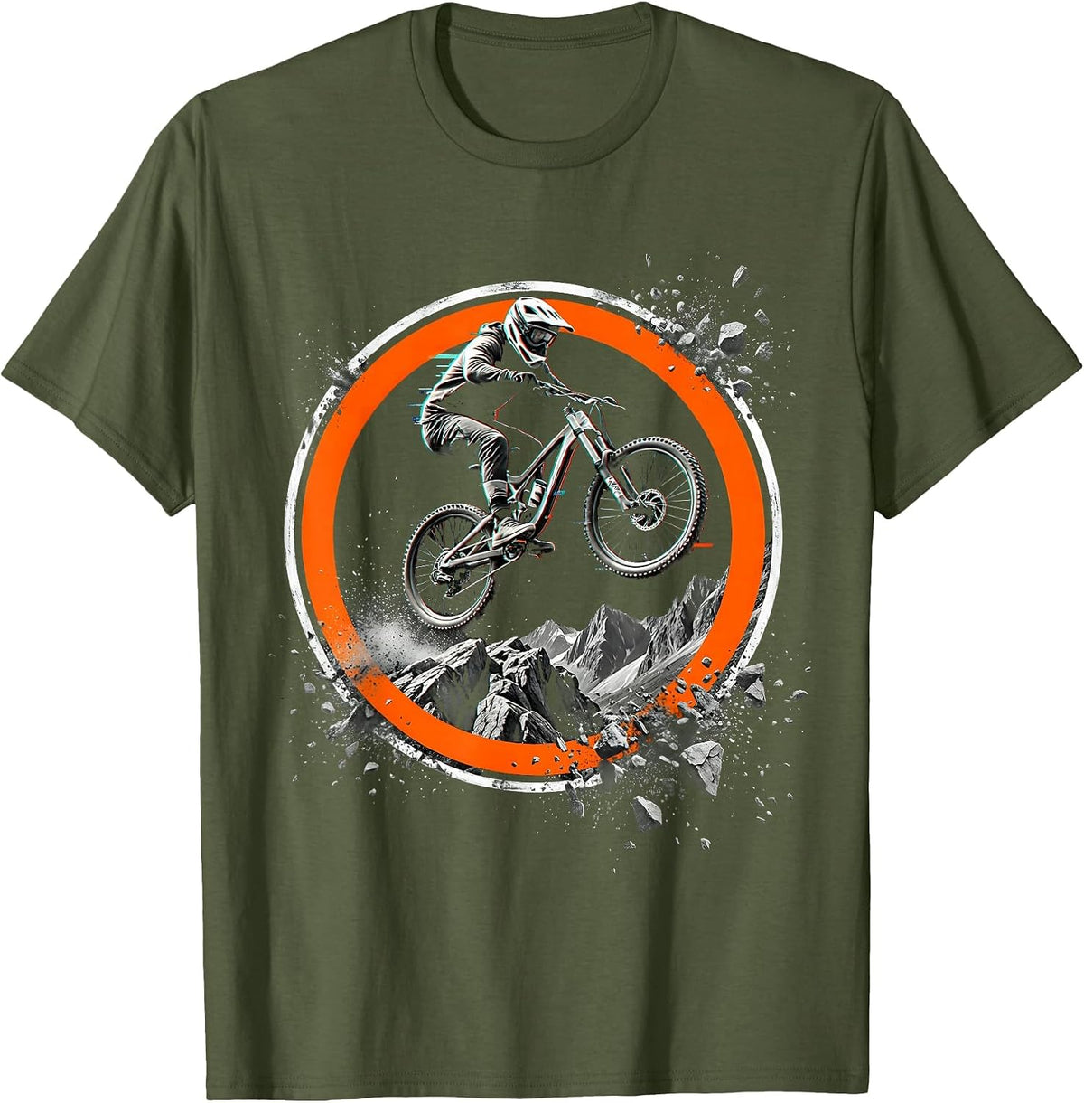 Mountain Biker Airborne Over Rocky Terrain Graphic T-Shirt - Olive Green