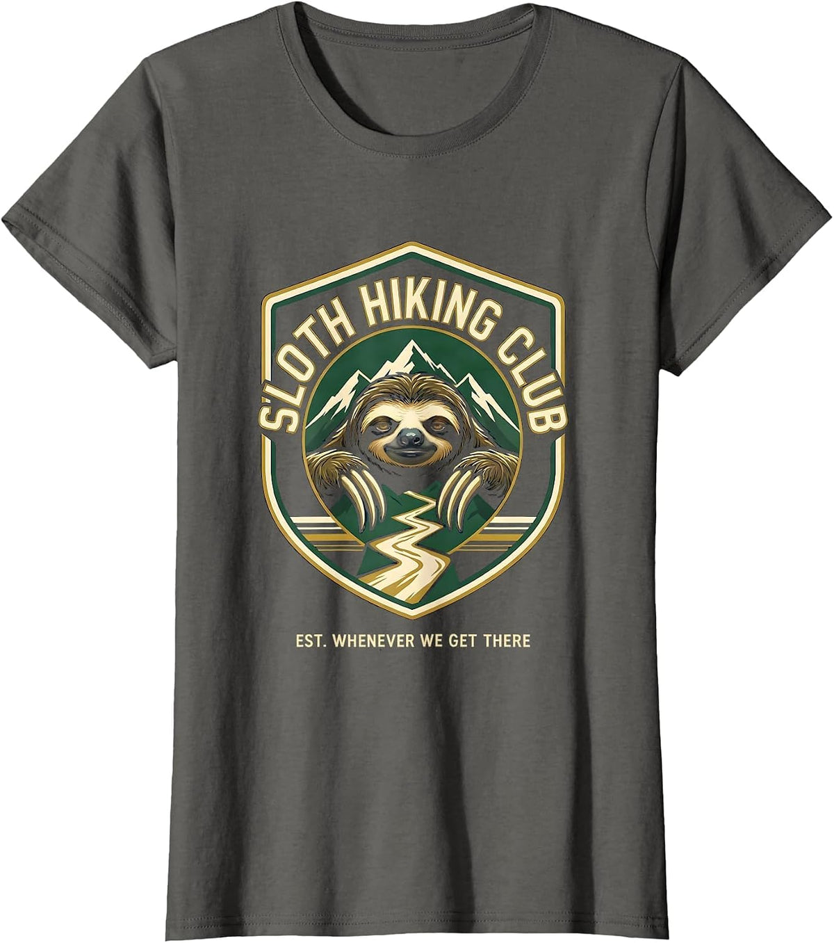 Women's Sloth Hiking Club Est. Whenever We Get There Funny T-Shirt - Asphalt Grey