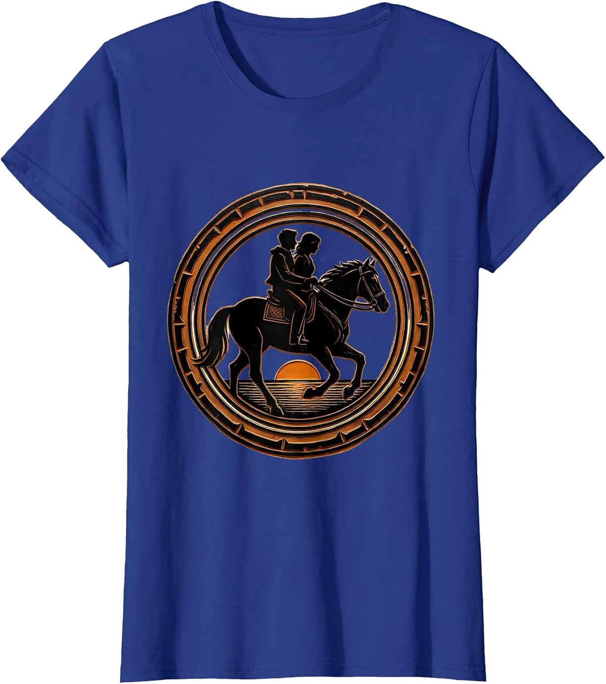 Women's Silhouette Couple on Horseback at Dusk Design T-Shirt - Royal Blue