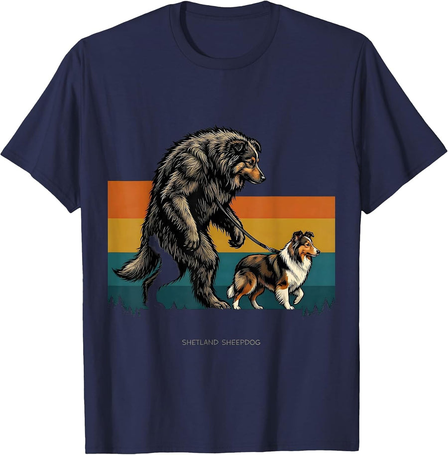 Shetland Sheepdog Bigfoot Retro Cryptid Dog Lover Novelty T-Shirt - Navy Blue