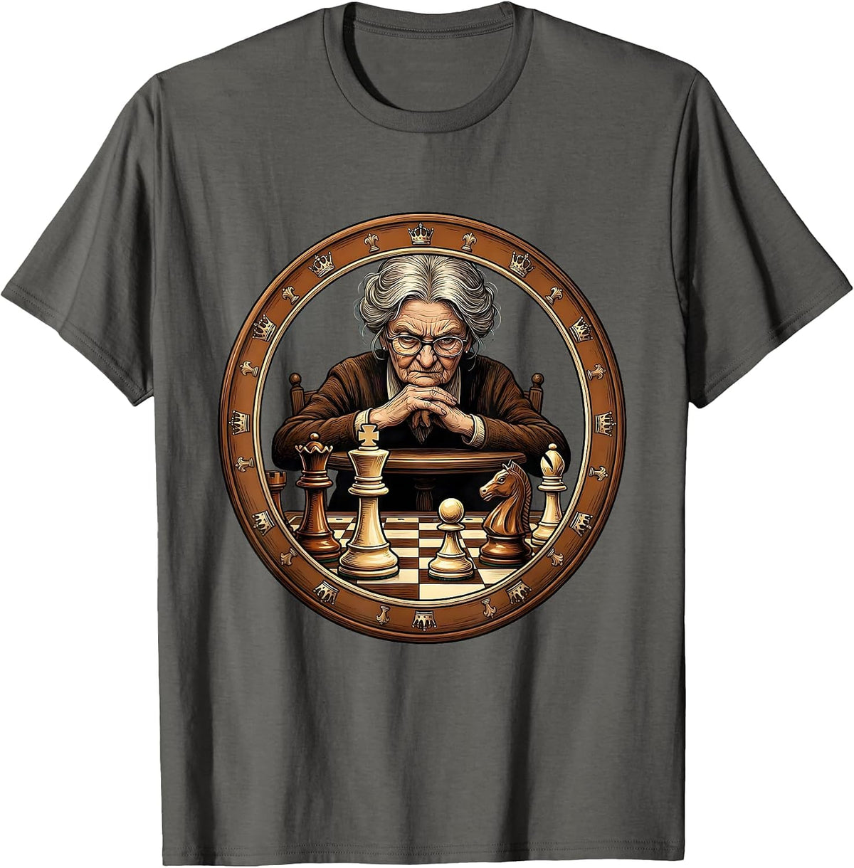 Men's Grandma Chess Player Intense Focus Illustration T-Shirt - Asphalt Grey