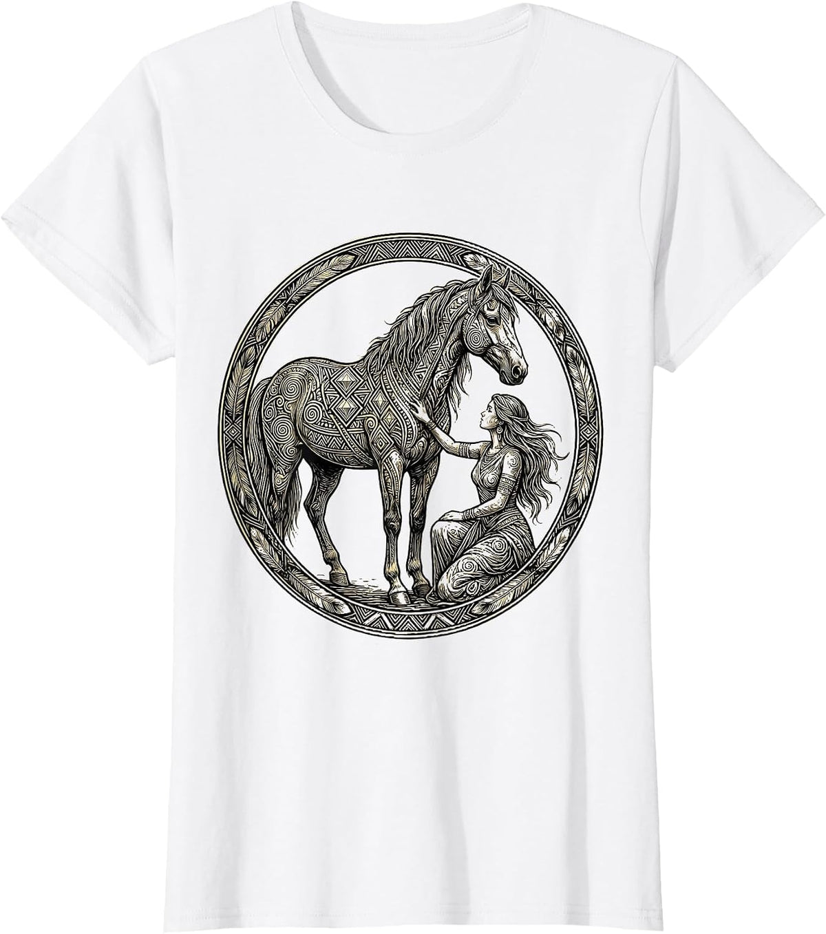 Woman Painting Horse Colorful Tribal Art Design T-Shirt - White