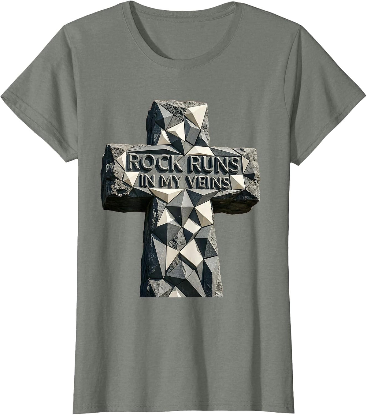 Rock Runs In My Veins Music Lover Design T-Shirt - Olive Heather