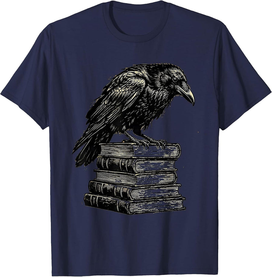 Raven on Stack of Old Books Illustration T-Shirt - Navy Blue