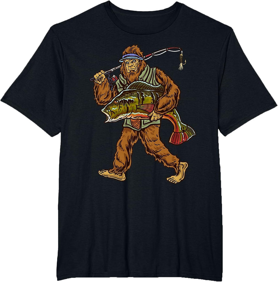 Peacock Fishing Bigfoot Bass Fisherman T-Shirt - Black
