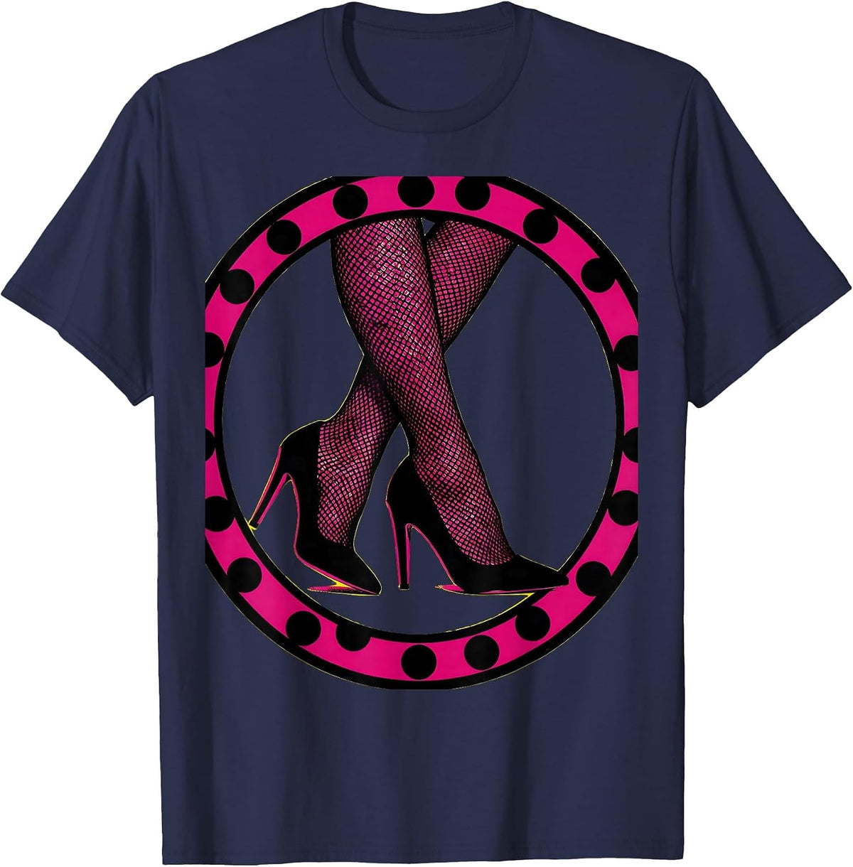 Men's Showgirl Fishnet Stockings and Heels Backstage Art T-Shirt - Navy Blue