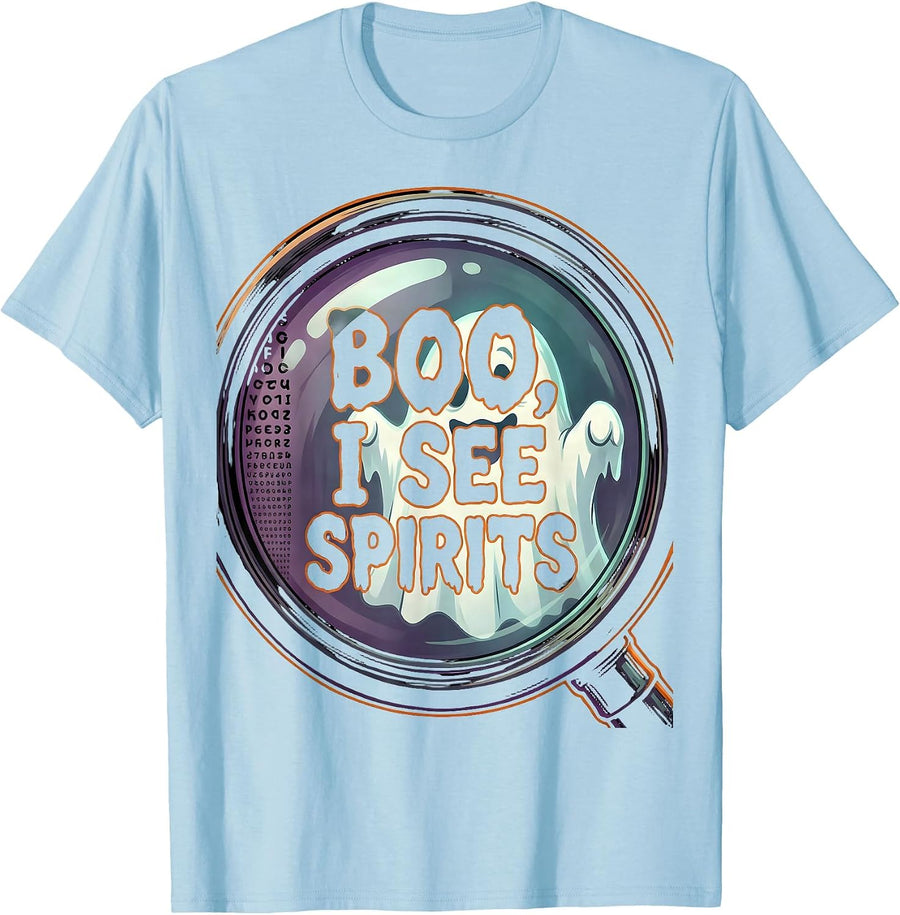Men's Boo I See Spirits Cartoon Ghost Optometrist Halloween Eye T-Shirt - Baby Blue