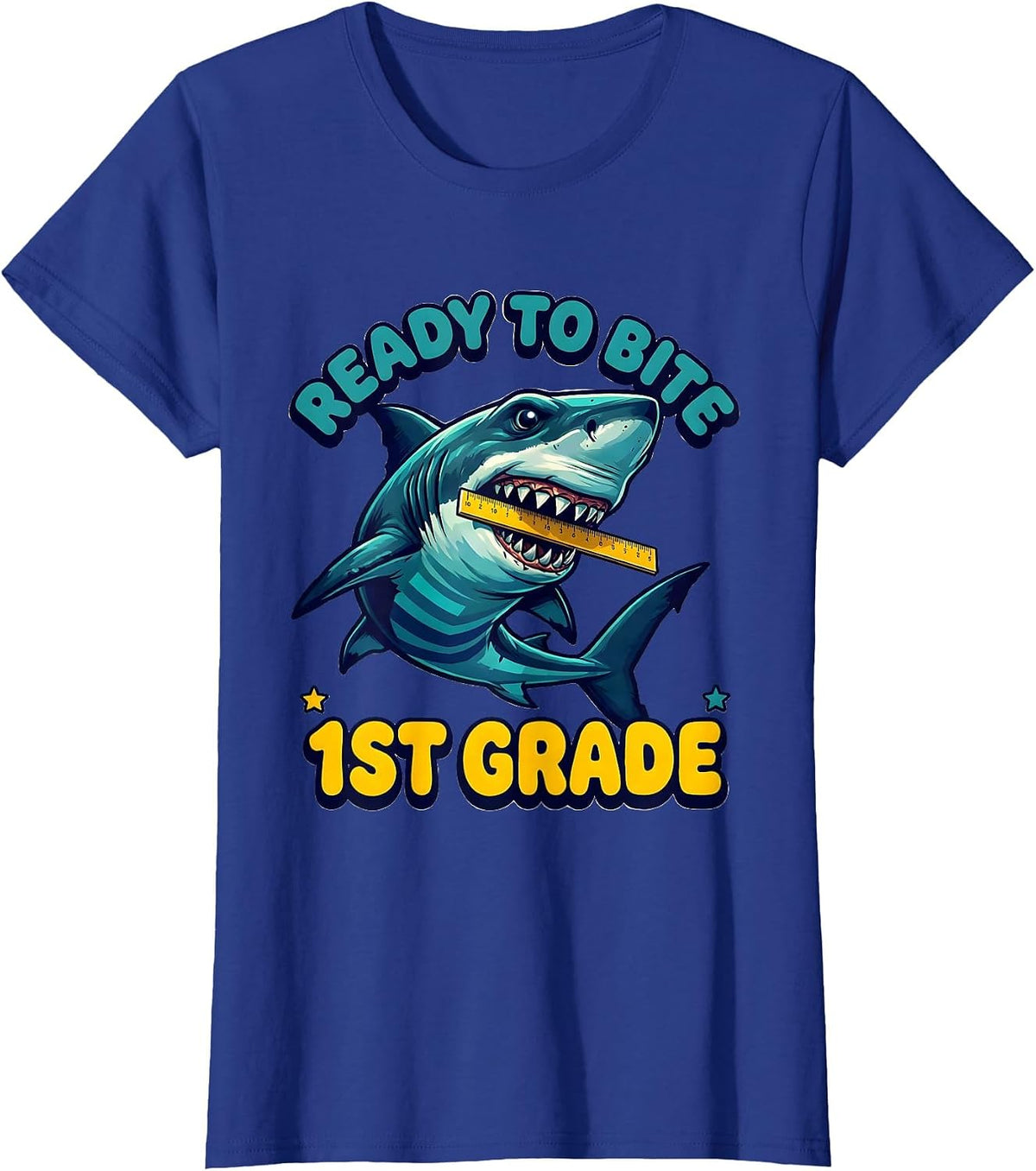 Women's Ready To Bite 1st Grade Bold Bubbly Shark Back To School T-Shirt - Royal Blue