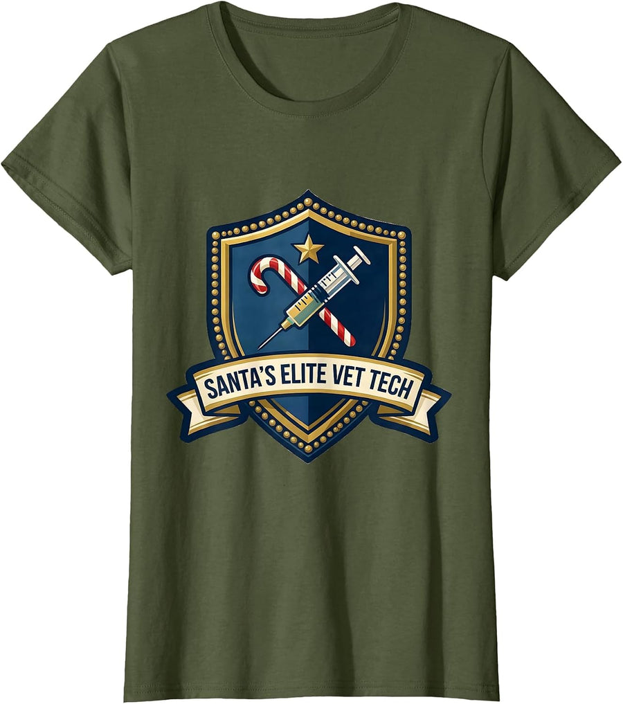 Women's Santa's Elite Vet Tech Funny Veterinary Technician Christmas T-Shirt - Olive Green