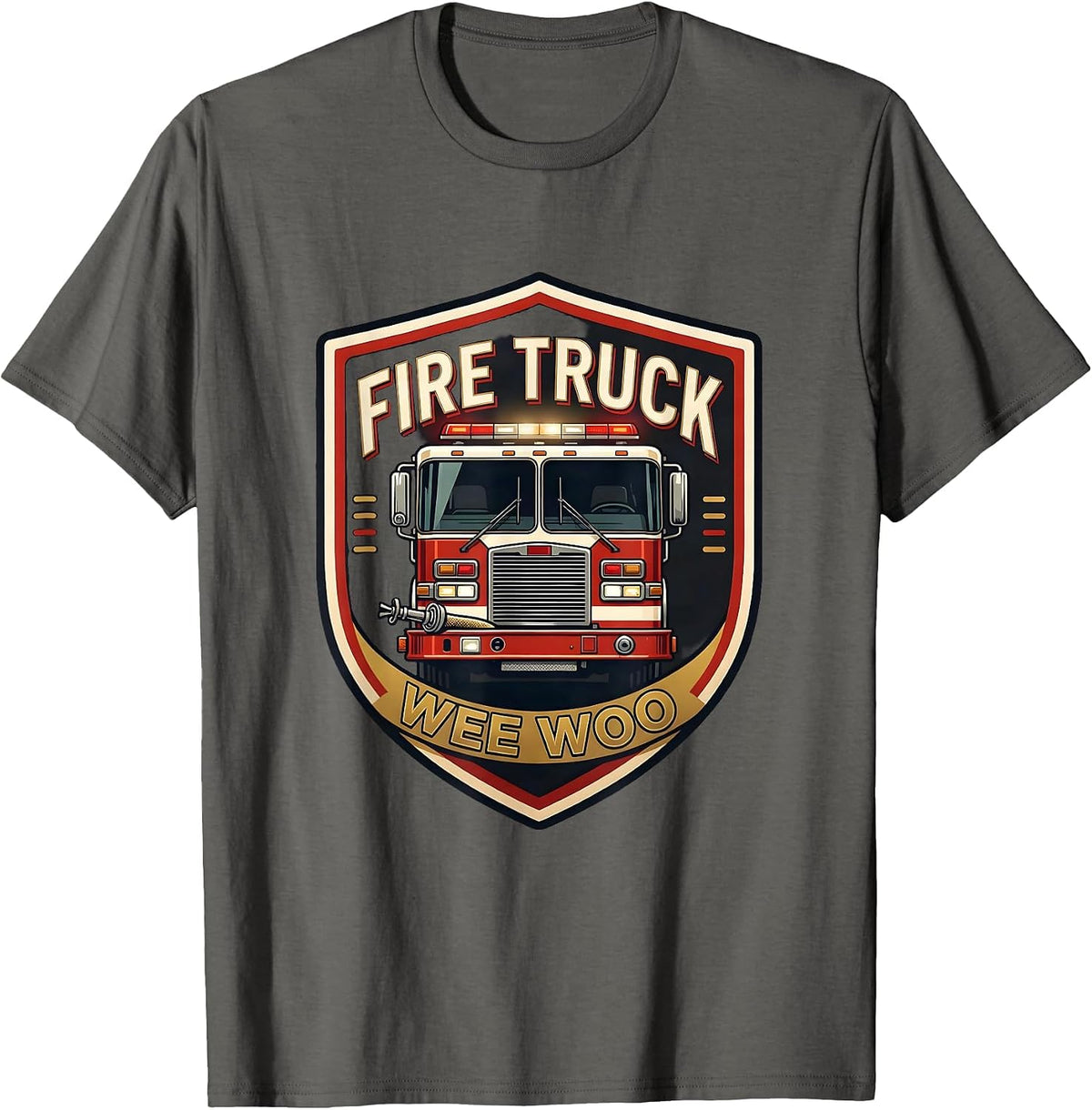 FIRE TRUCK WEE WOO Funny Firefighter Badge Fireman Humor T-Shirt - Asphalt Grey