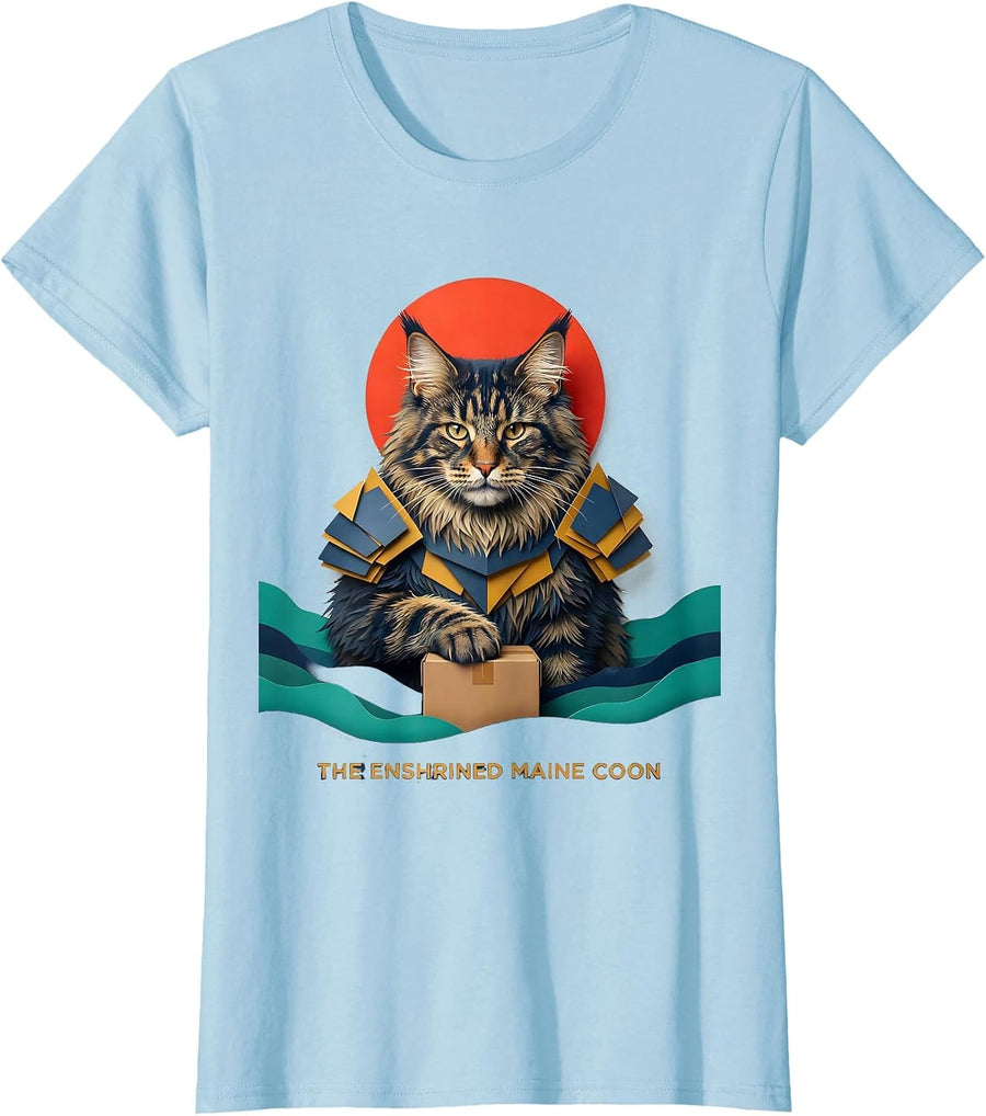 Women's The Enshrined Maine Coon Funny Anime Cat Ukiyo-e Art T-Shirt - Baby Blue
