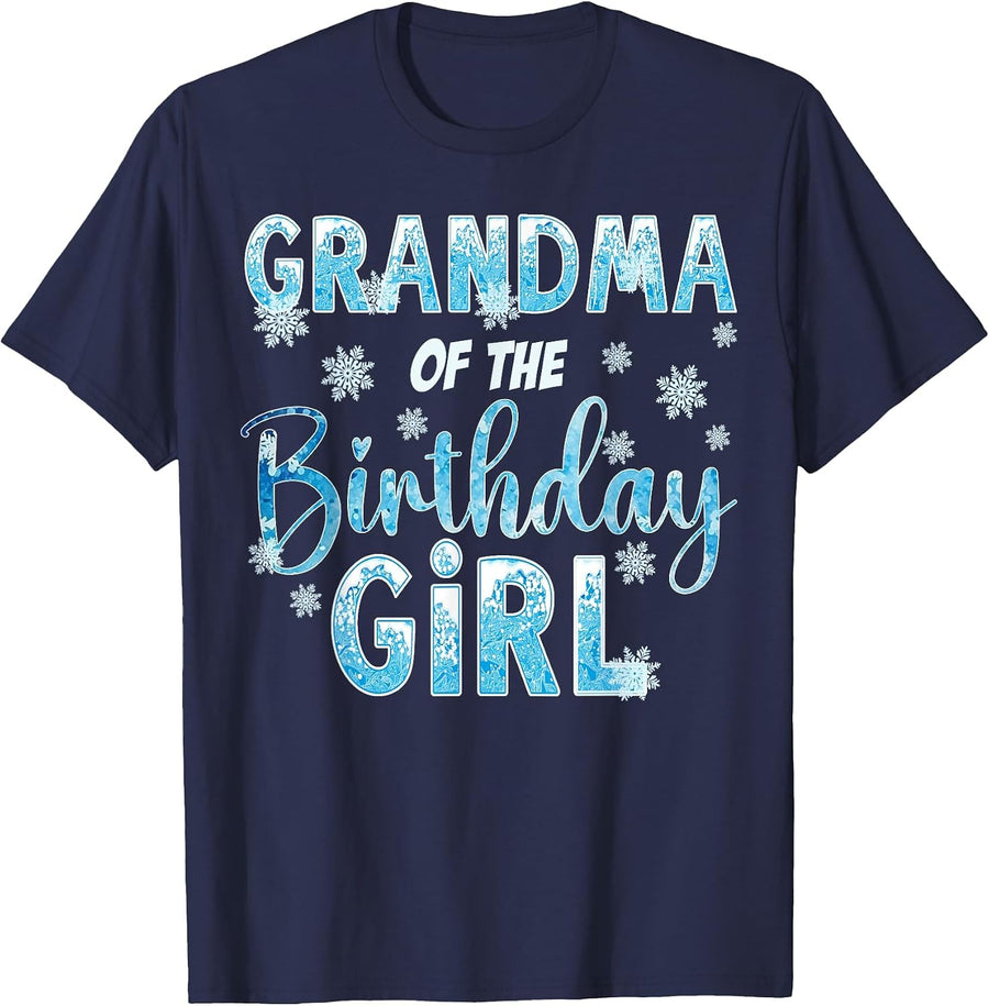Grandma of The Birthday Girl Snowflakes Themed Matching T-Shirt - Navy Blue