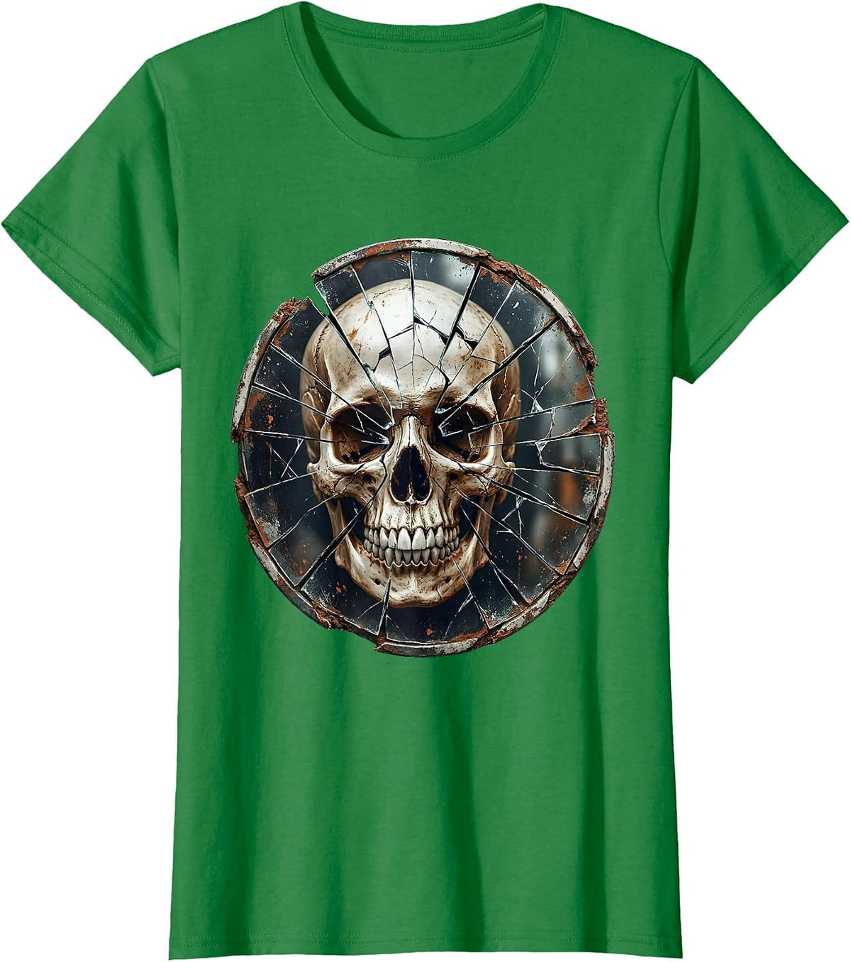 Grunge Cracked Mirror Fragmented Skull Reflection T-Shirt - Kelly Green