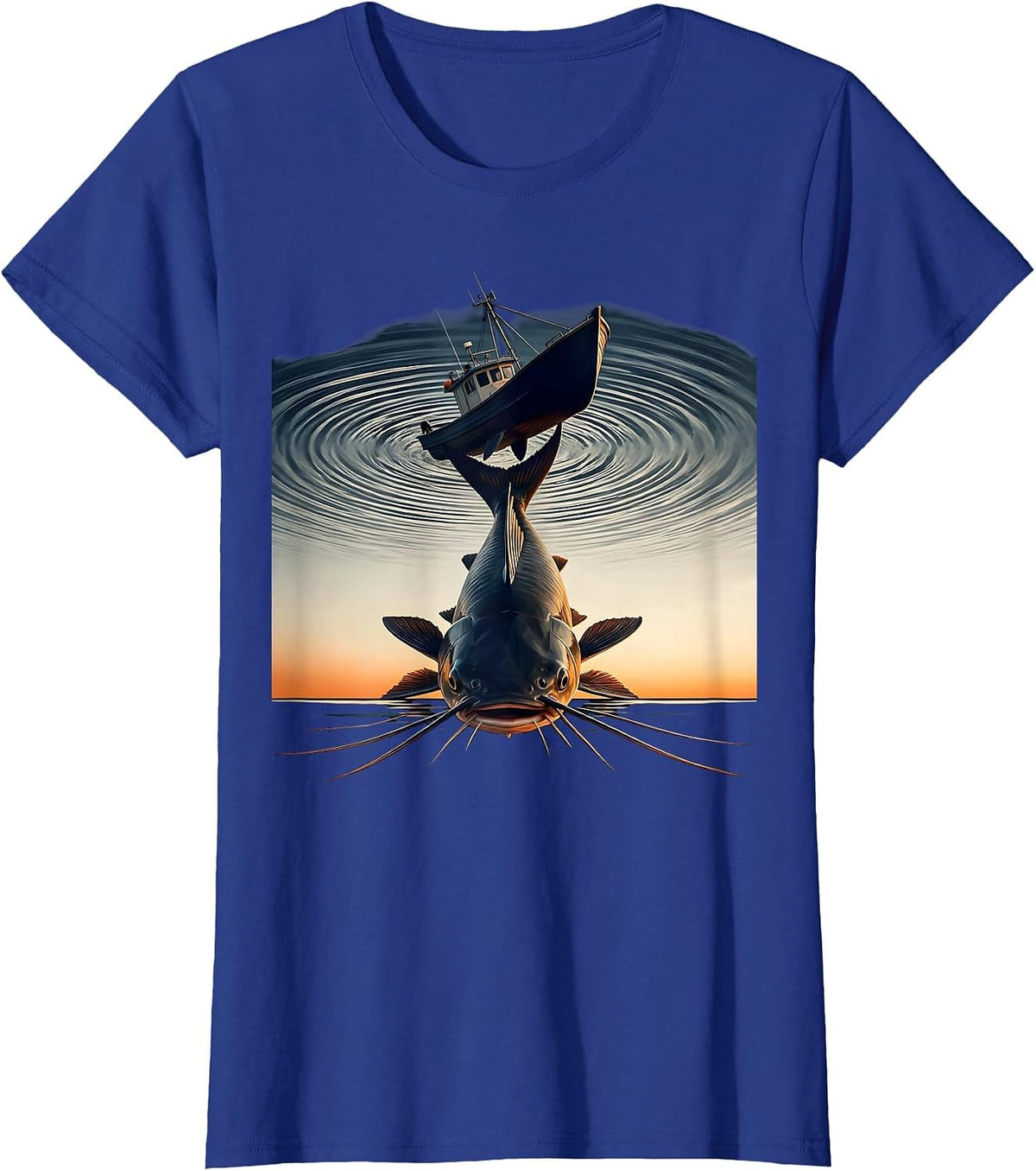 Women's Giant Catfish Pulling Down a Boat Fishing Graphic T-Shirt - Royal Blue