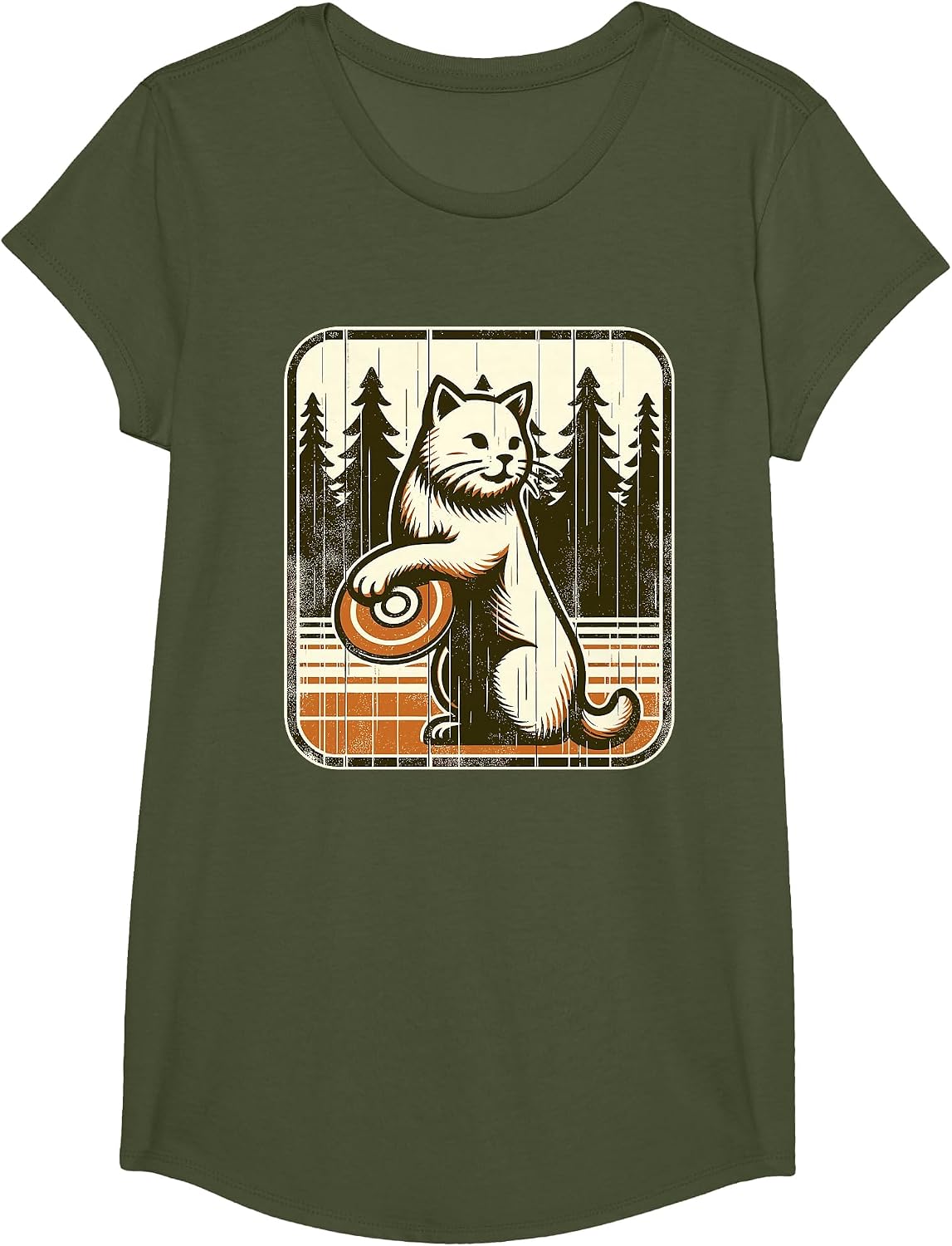 Disc Golfer Cat Disc Golf Player T-Shirt - Girls Olive Green