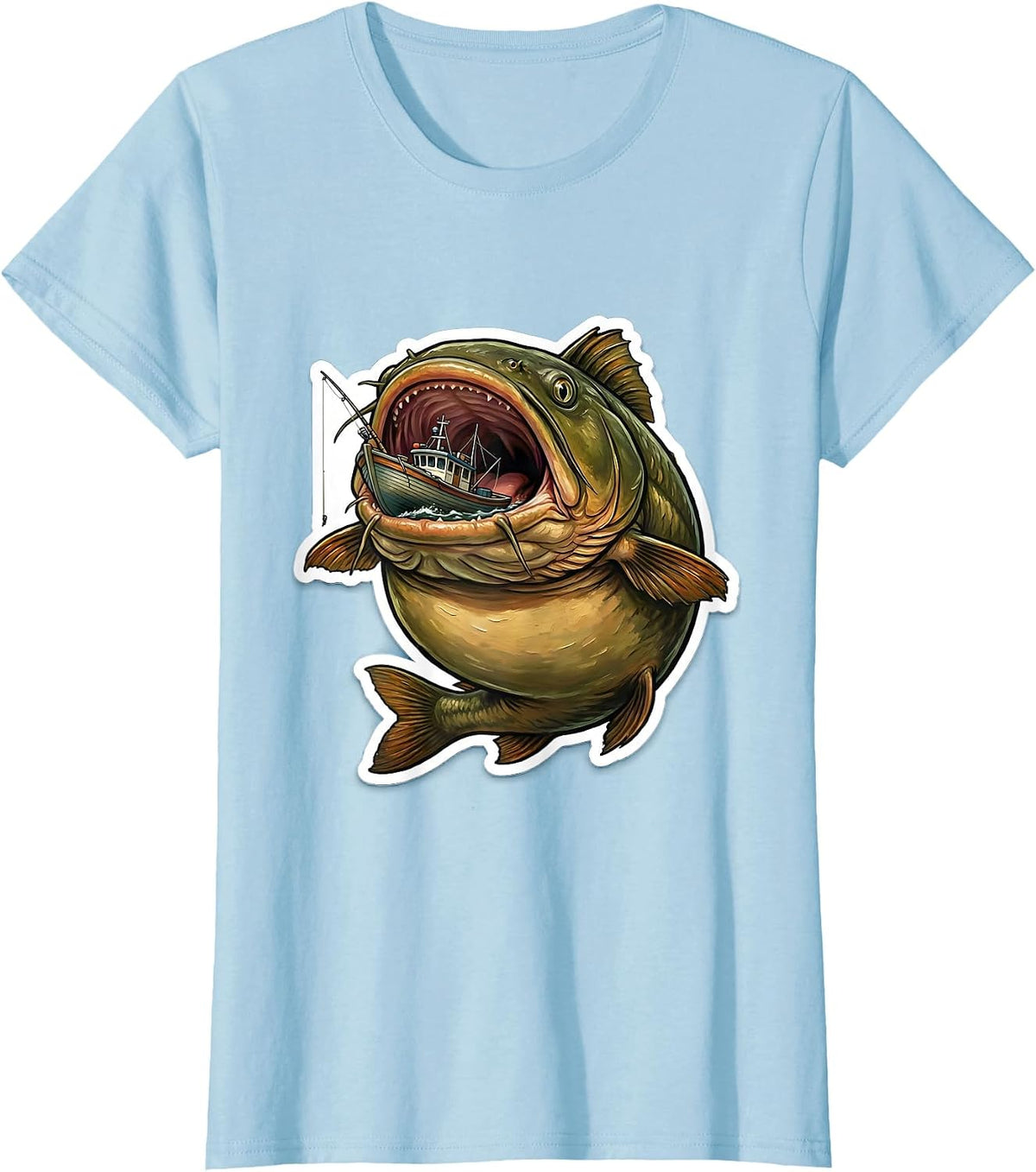 Giant Catfish Swallows Fishing Boat Funny Fishing T-Shirt - Baby Blue