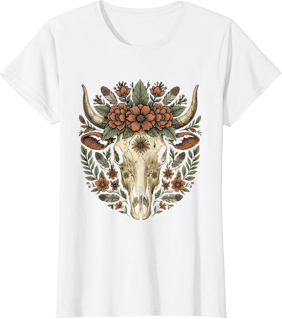 Women's Cow Skull Flower Crown Western Boho Design T-Shirt - White