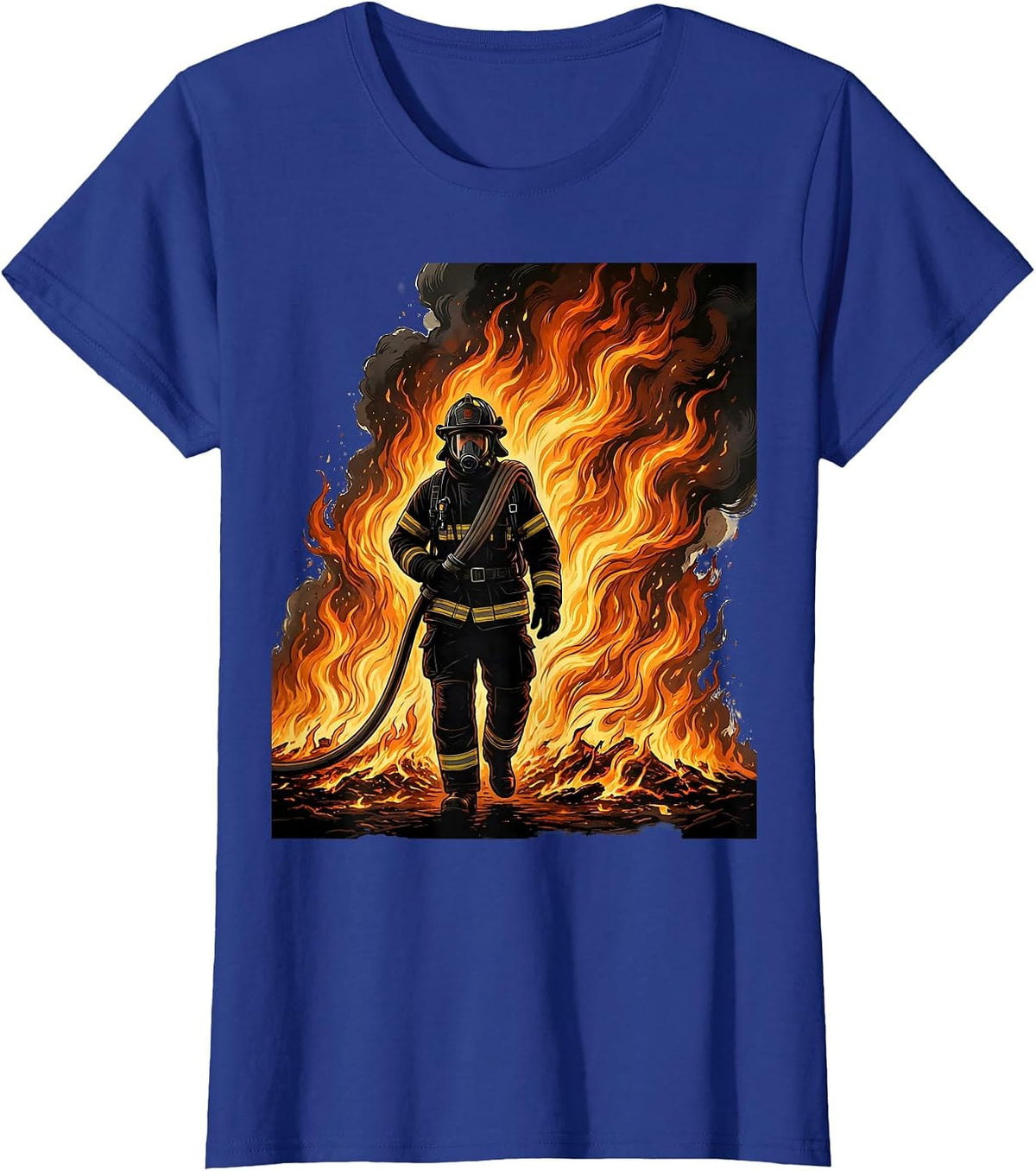 Women's Firefighter Silhouette Through Flames Graphic T-Shirt - Royal Blue