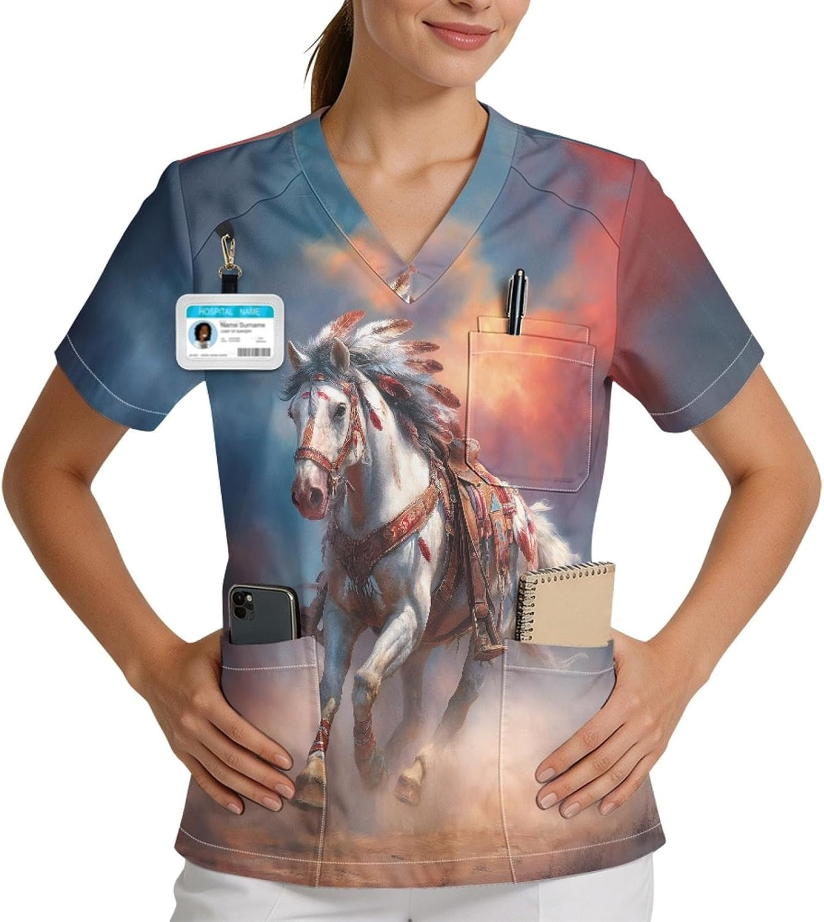 V-Neck Printed Soft Scrub Tops with 3 Pocket for Women, Size S-5XL - Running Horse