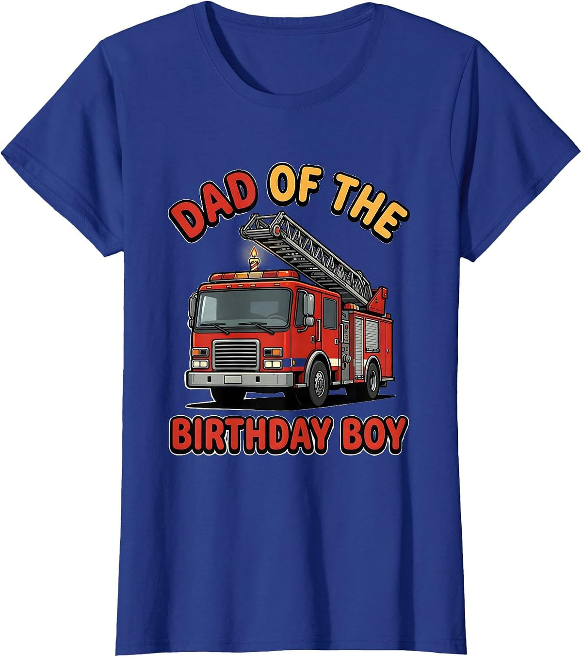 Women's Dad of the Birthday Boy Cartoon Fire Truck Firefighter T-Shirt - Royal Blue