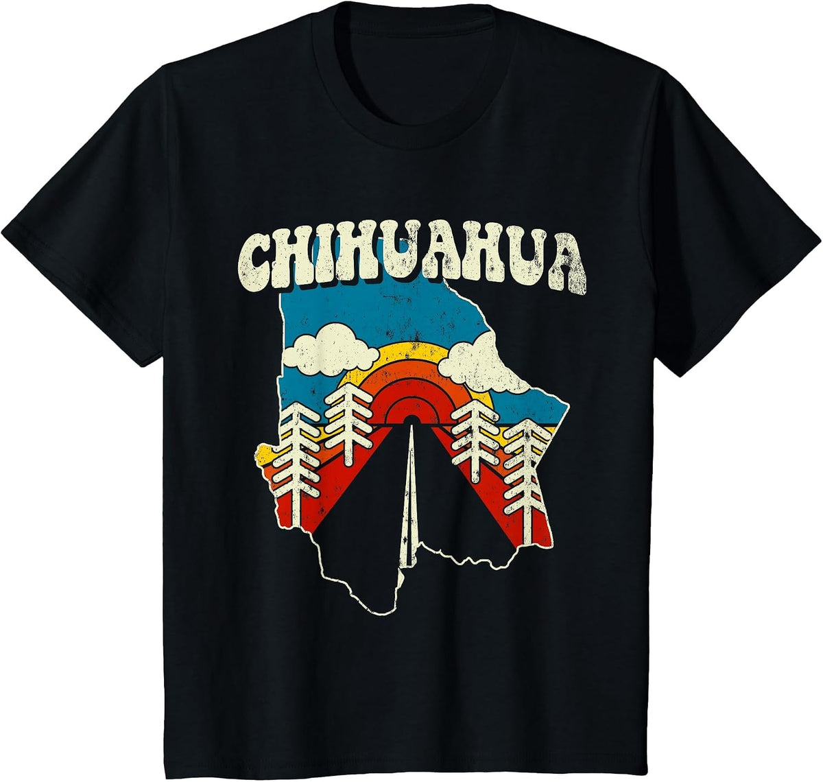 Chihuahua Vintage Mexican State Rainbow Mexico Retro 70s Map T-Shirt - Black