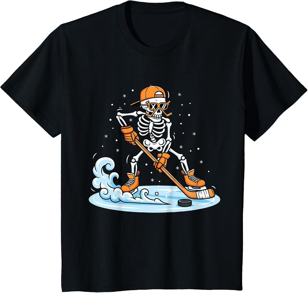 Funny Skeleton Ice Hockey Halloween Spooky Player Men Boys T-Shirt - Black