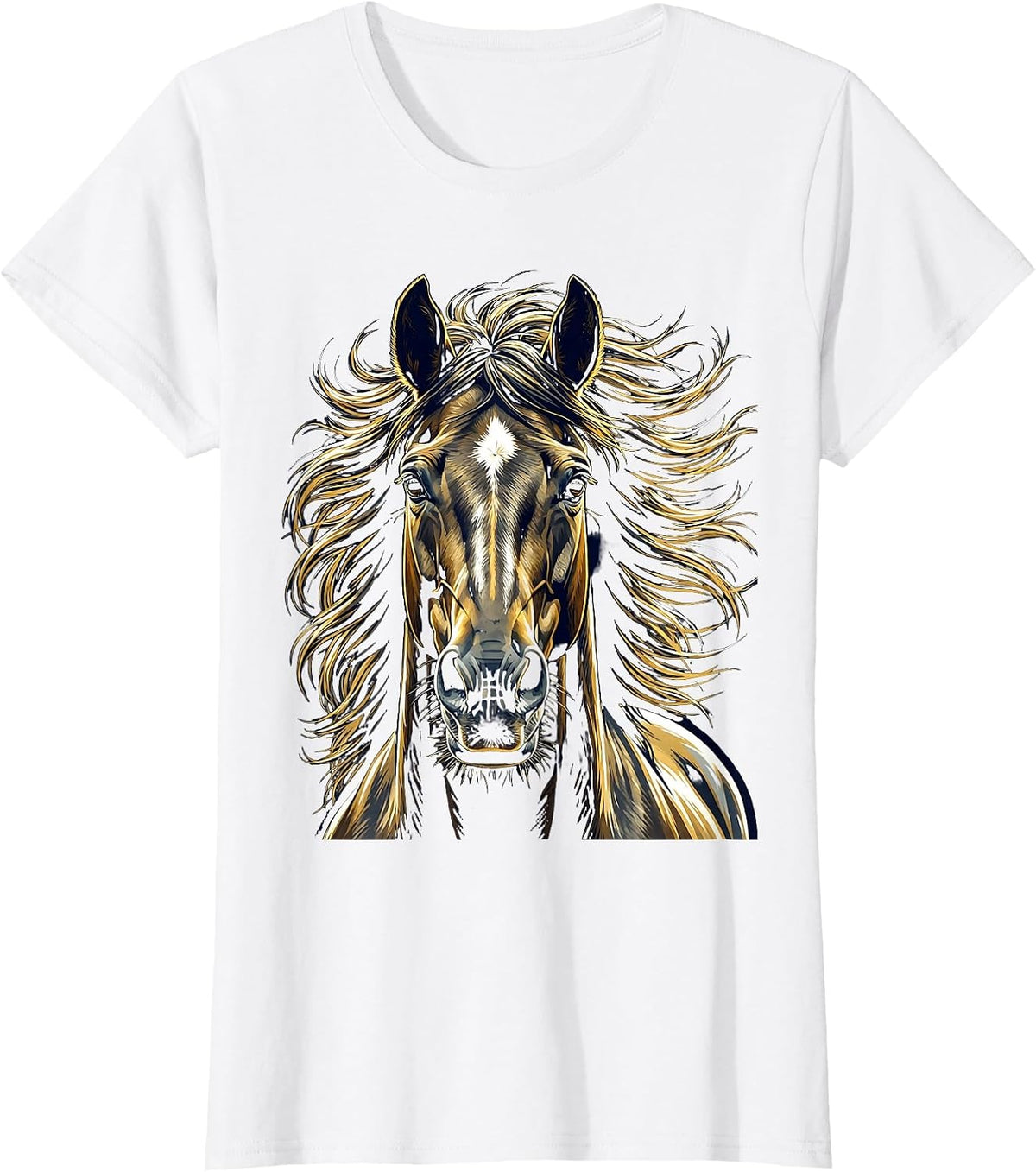 Horse Head Portrait Windswept Mane Equestrian Art T-Shirt - White