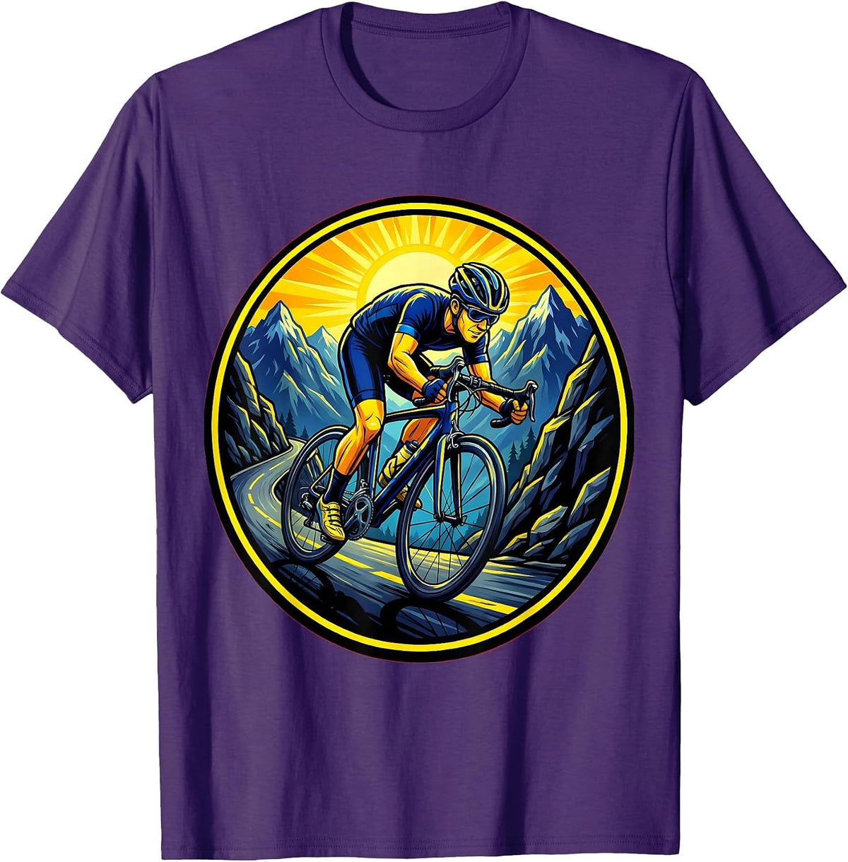 Lone Cyclist Climbing Mountain Road Graphic T-Shirt - Purple