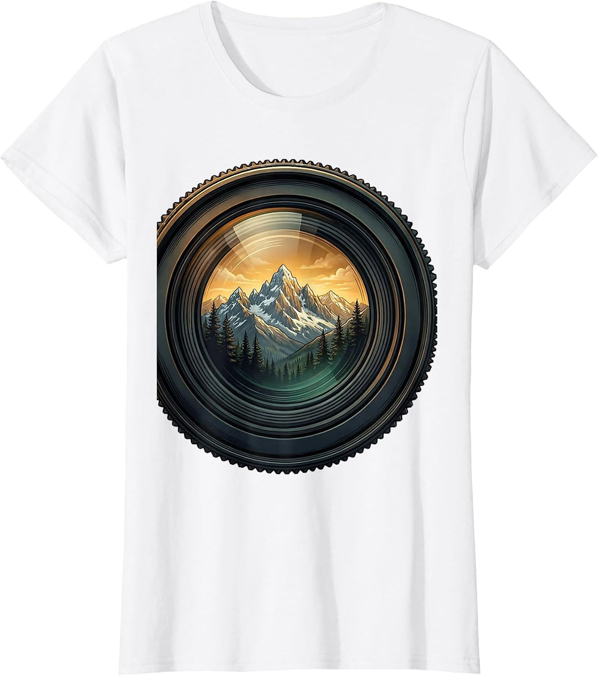 Camera Lens Mountain Landscape Reflection Art T-Shirt - White
