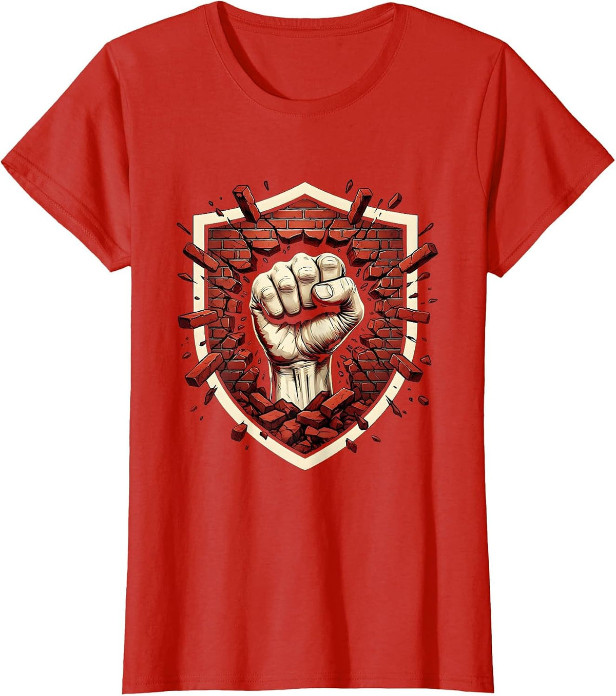 Punk Fist Through Brick Wall Graphic Design T-Shirt - Red