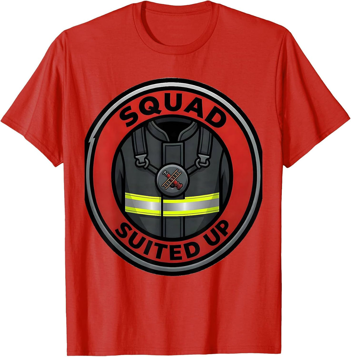 Men's SQUAD SUITED UP Funny Firefighter Badge Fireman Humor T-Shirt - Red