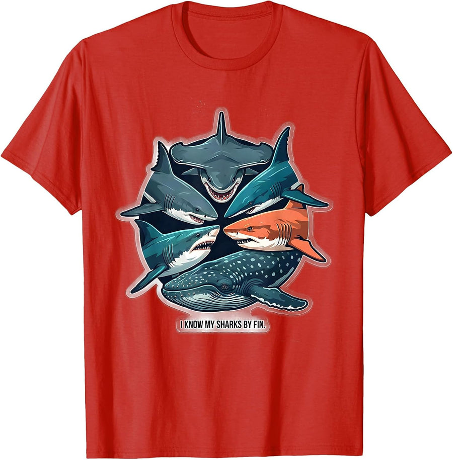 Men's I Know My Sharks By Fin Funny Shark Lover Ocean Wildlife T-Shirt - Red